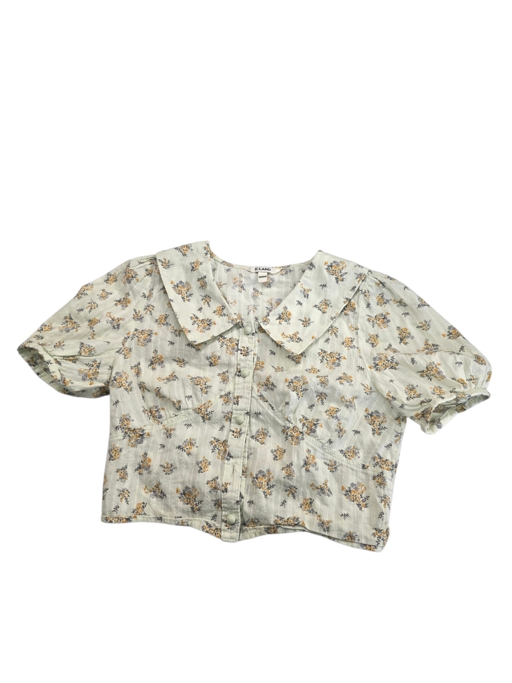 Floral Puff Sleeve Crop Blouse with Peter Pan Collar - Light Green